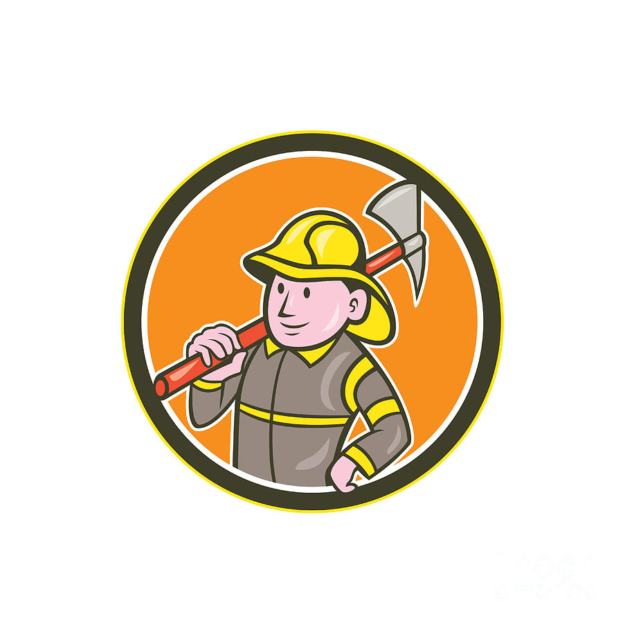 Fireman Firefighter Axe Circle Cartoon Digital Art by Aloysius ...