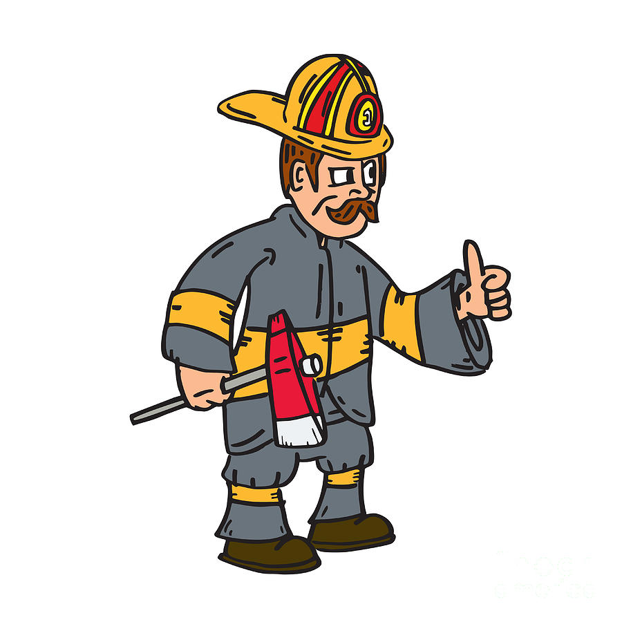 Hat Digital Art - Fireman Firefighter Axe Thumbs Up Cartoon by Aloysius Patrimonio