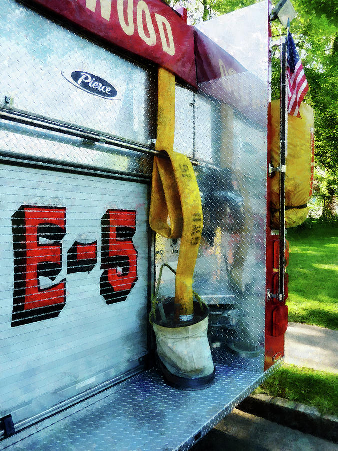 Flag Photograph - Fireman - Hose in Bucket on Fire Truck by Susan Savad