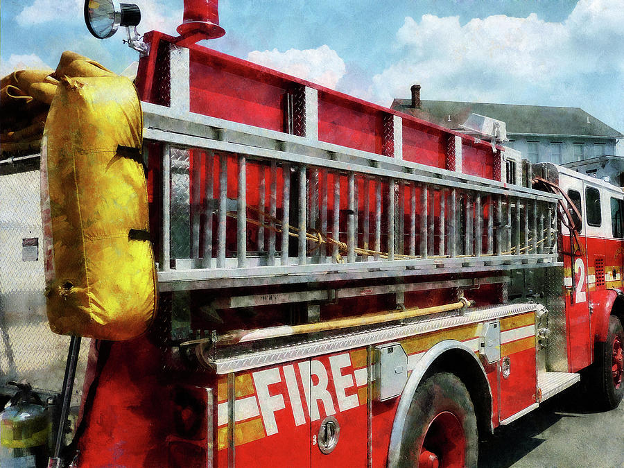 Ladder Photograph - Fireman - Long Ladder on Fire Truck by Susan Savad