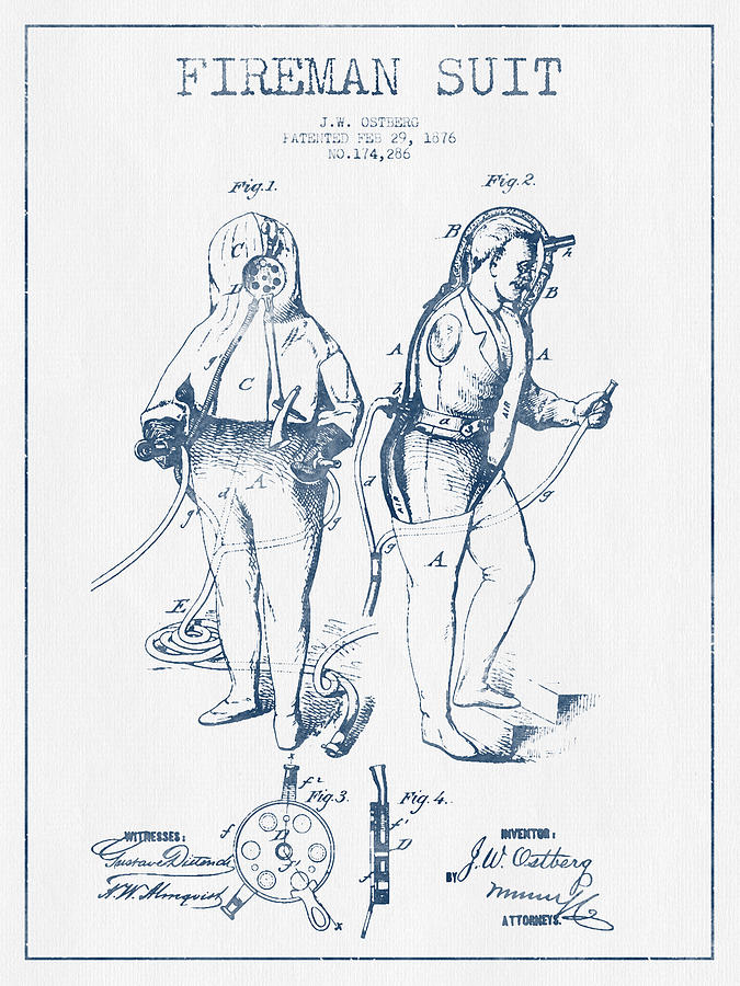 Vintage Digital Art - Fireman Suit Patent drawing from 1826- Blue Ink by Aged Pixel