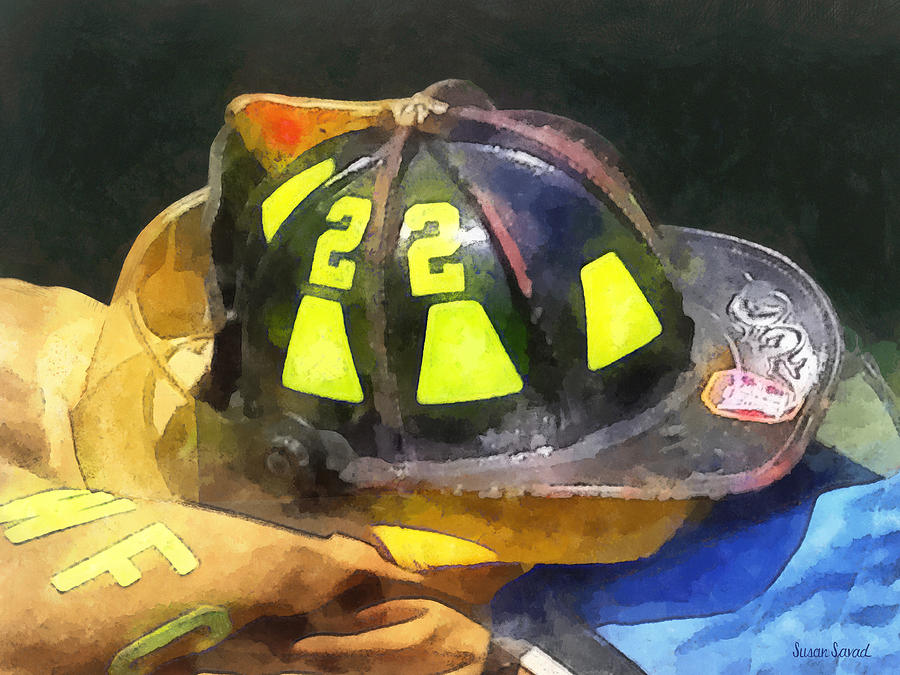 Helmet Photograph - Firemans Helmet on Uniform by Susan Savad