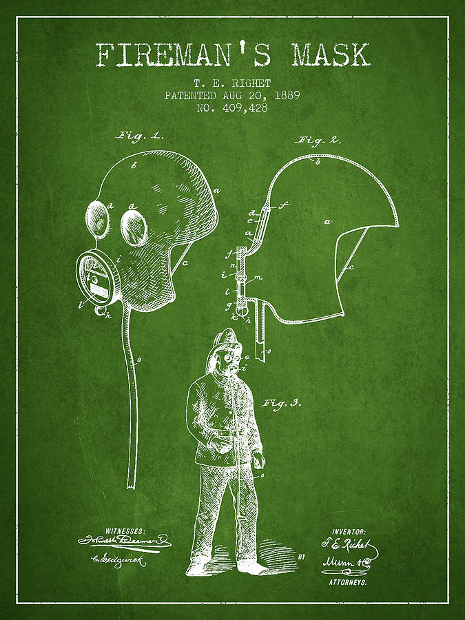 Vintage Digital Art - Firemans Mask Patent from 1889 - Green by Aged Pixel