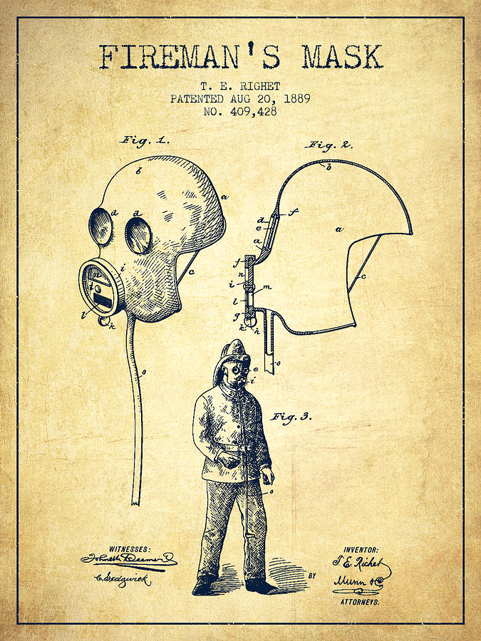 Vintage Digital Art - Firemans Mask Patent from 1889 - Vintage by Aged Pixel