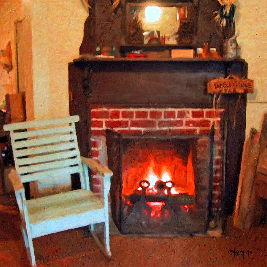Hearth Photograph - The Family Hearth - Fireplace Old Rocking Chair by Rebecca Korpita