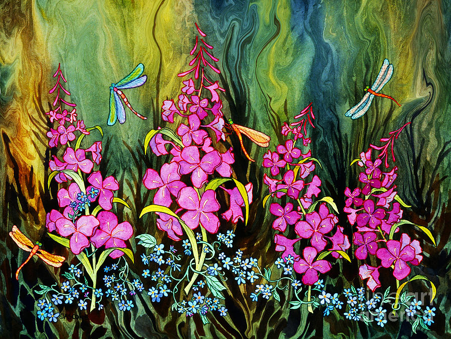 Fireweed and Dragonflies Painting by Teresa Ascone