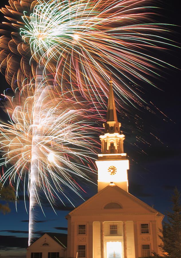 Fireworks and Church Rutland Massachusetts Photograph by John Burk