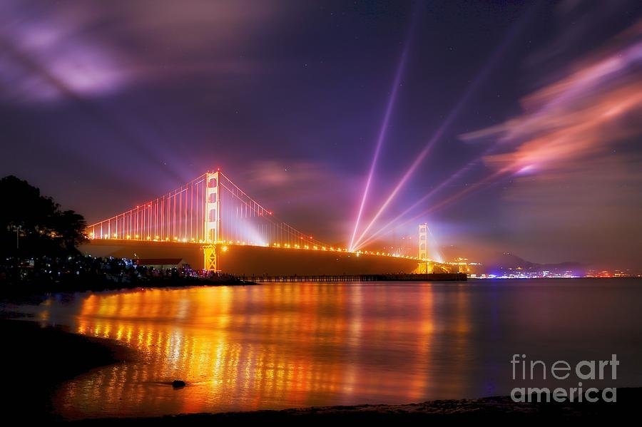 Fireworks and Lasers on The Golden Gate Bridge Photograph by Mel Ashar