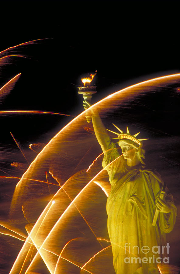 Fireworks And The Statue Of Liberty Photograph by Andy Levin