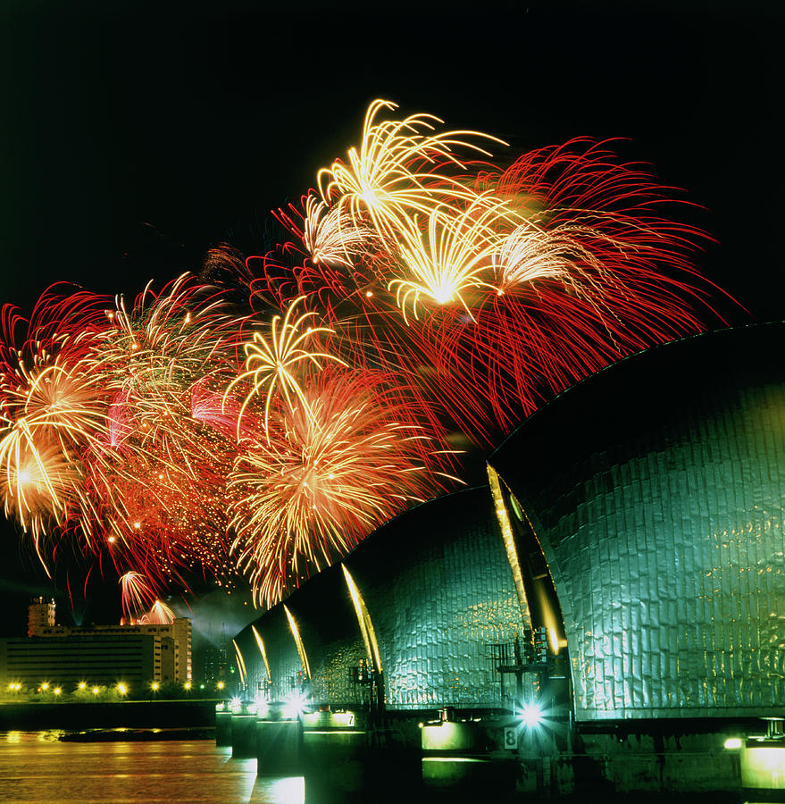 London Photograph - Fireworks And The Thames Barrier by Alex Bartel/science Photo Library