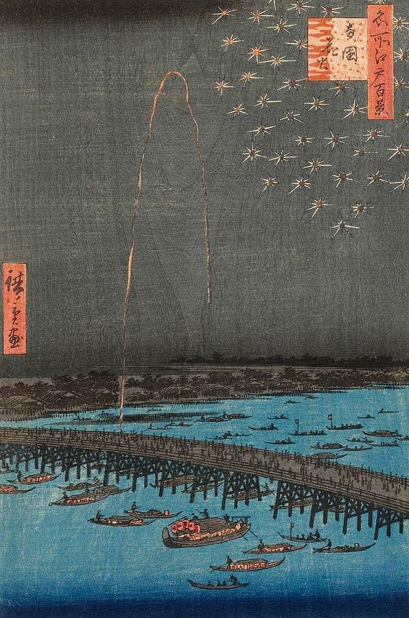 Hiroshige Painting - Fireworks at Ryogoku by Utagawa Hiroshige