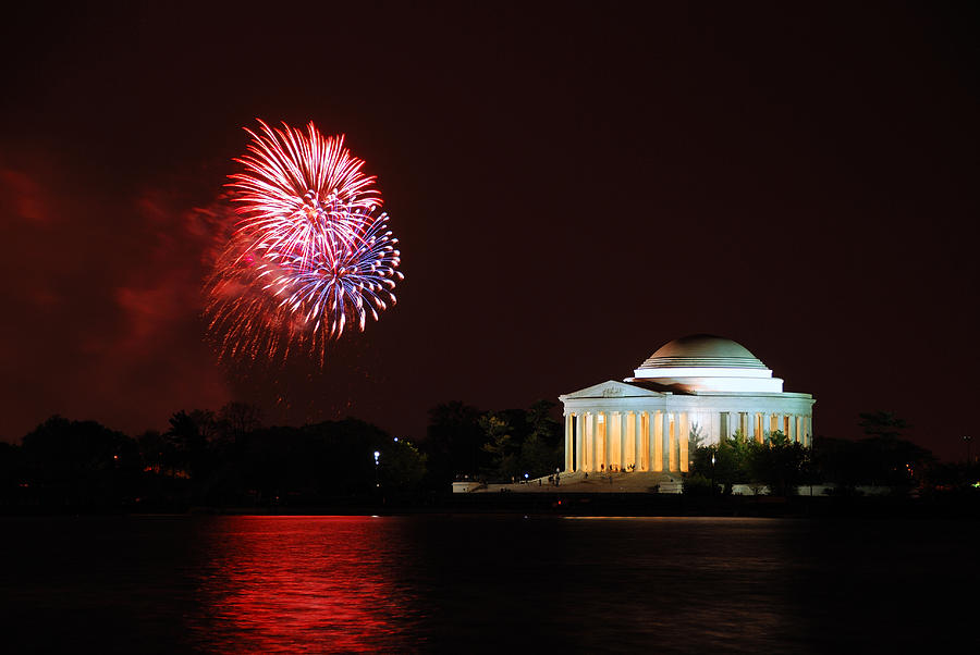 Fireworks by lake in Washington DC Photograph by Songquan Deng