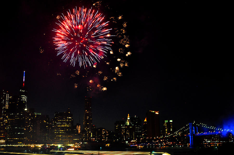 Fireworks over Brooklyn Bridge and Manhattan Photograph by Diane Lent