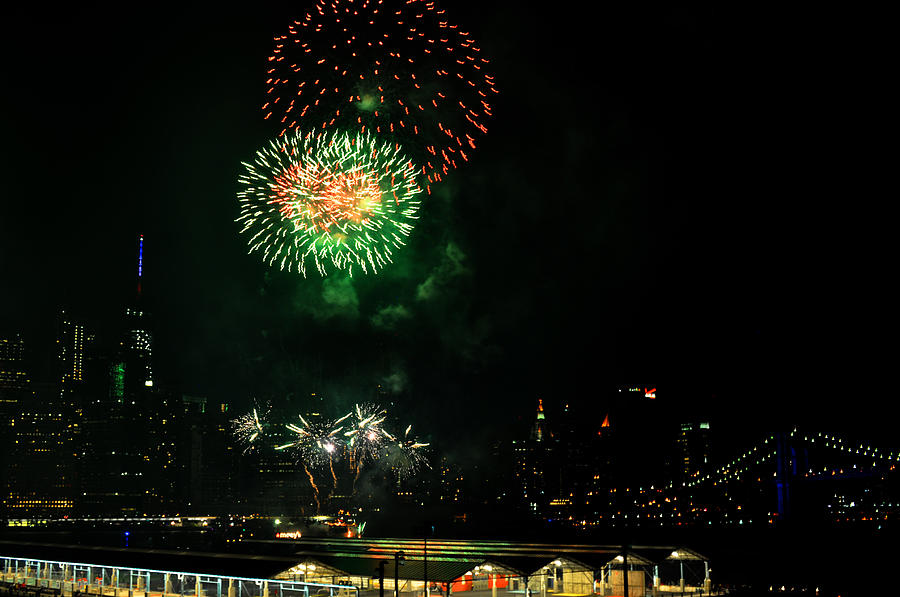 Fireworks over Brooklyn Bridge and New York City Photograph by Diane Lent