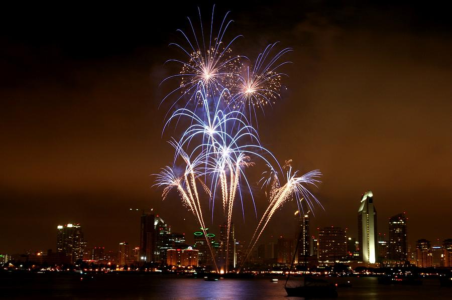 Fireworks over San Diego skyline Photograph by Jetson Nguyen