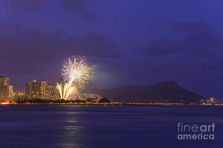 Fireworks over Waikiki Hawaii Photograph by Ken Brown