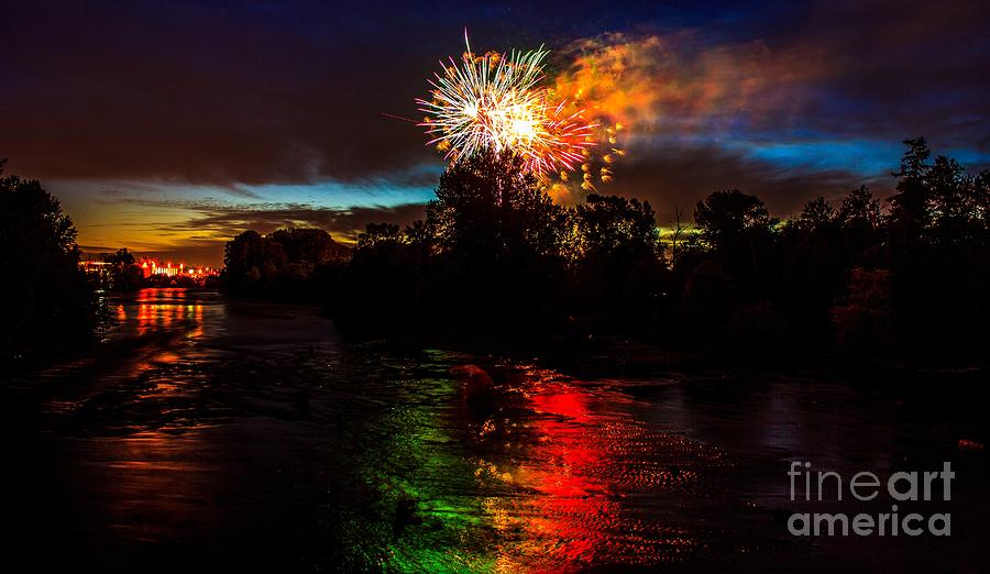 Fireworks over Willamette River Eugene Oregon Photograph by Michael