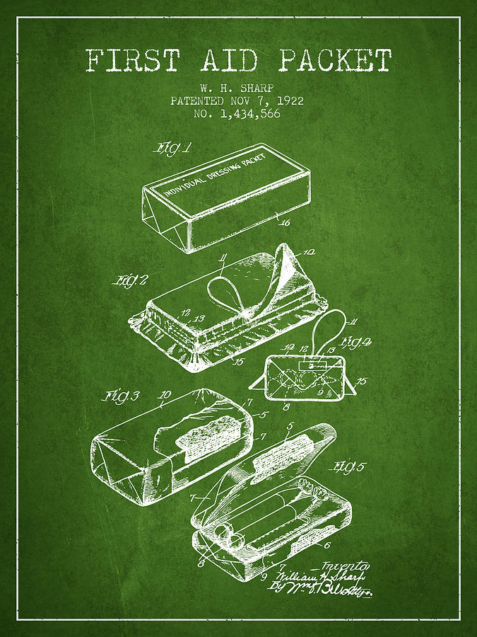 Vintage Digital Art - First Aid Packet Patent from 1922 - Green by Aged Pixel