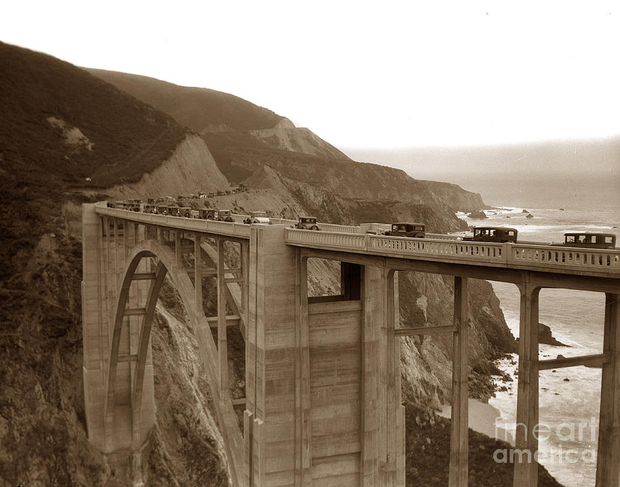 Bixby Creek Bridge Photograph - First cars across Bixby Creek  Bridge Big Sur California  Nov. 1932 by California Views Archives Mr Pat Hathaway Archives