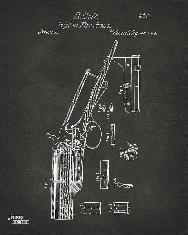 Vintage Digital Art - 1839 Colt Revolver Patent Artwork - Gray by Nikki Marie Smith