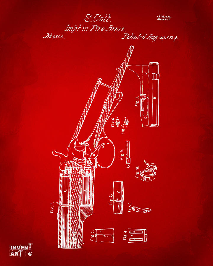 1839 Colt Revolver Patent Artwork Red Digital Art by Nikki Marie Smith