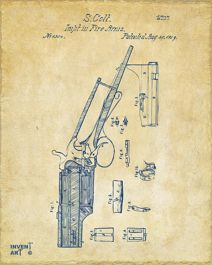 1839 Colt Revolver Patent Artwork Vintage Digital Art by Nikki Marie Smith