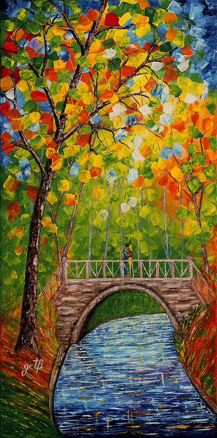 First Kiss On The Bridge original acrylic palette knife painting Painting by Georgeta Blanaru