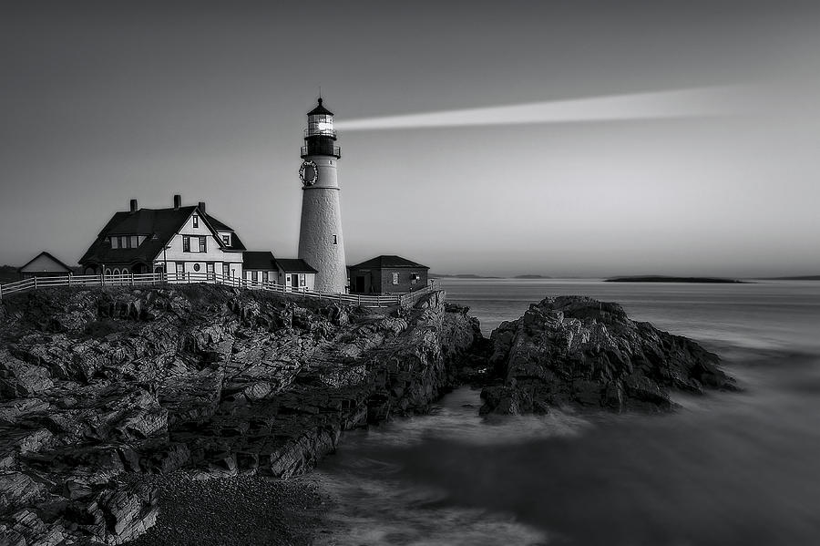 First Light At Portland Head Light BW Photograph by Susan Candelario