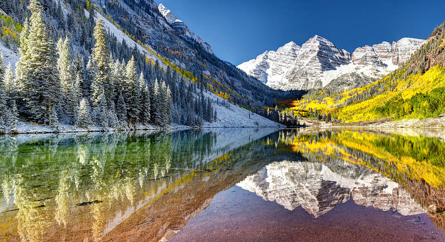 A Tranquil Retreat -  Discovering the Beauty of Maroon Bells in the Rocky Mountains Photograph by OLena Art by Lena Owens - Vibrant DESIGN