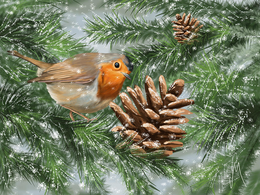 Robin Painting - First snow by Veronica Minozzi