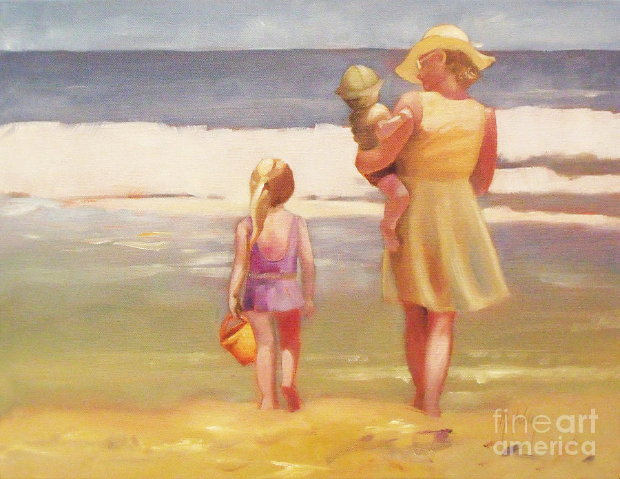 First Waves Beach Waves with Children and Mom  Painting by Mary Hubley