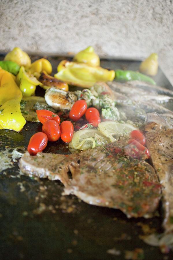 Fish Photograph - Fish And Seafood With Vegetables On Grill Plate by Foodcollection