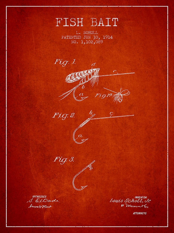 Fish Bait Patent From 1914 - Red Digital Art
