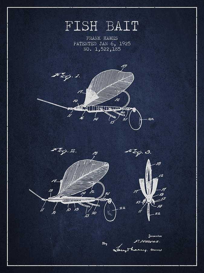 Fish Bait Patent From 1925 - Navy Blue Digital Art