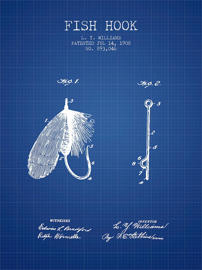 Fish Digital Art - Fish Hook Patent from 1908- Blueprint by Aged Pixel