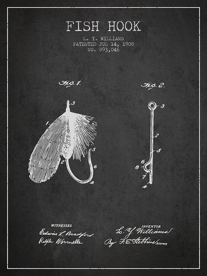 Fish Hook Patent From 1908- Charcoal Digital Art