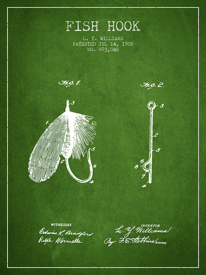 Fish Hook Patent From 1908- Green Digital Art