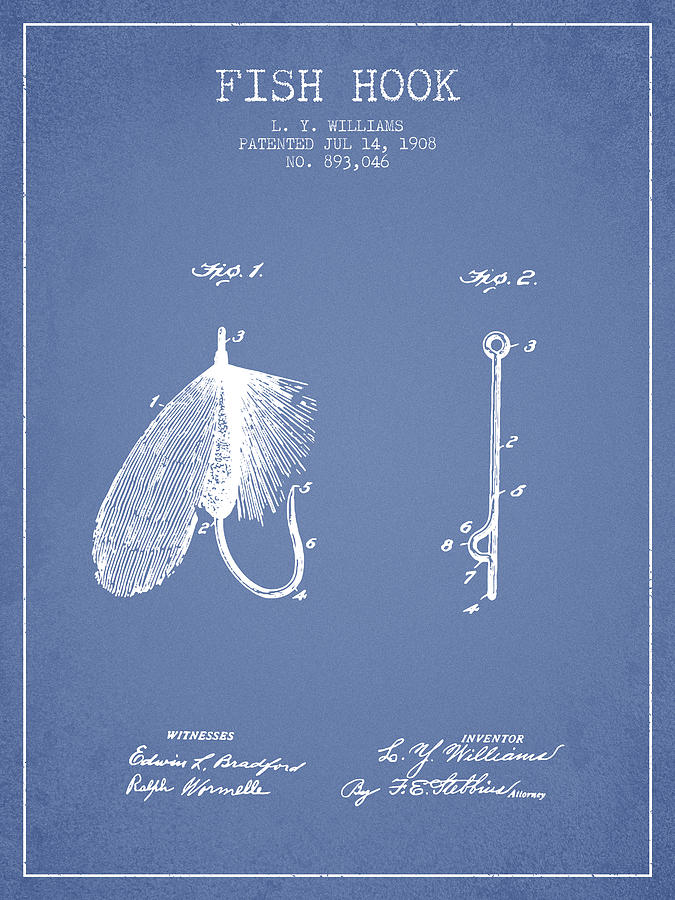 Fish Hook Patent From 1908- Light Blue Digital Art
