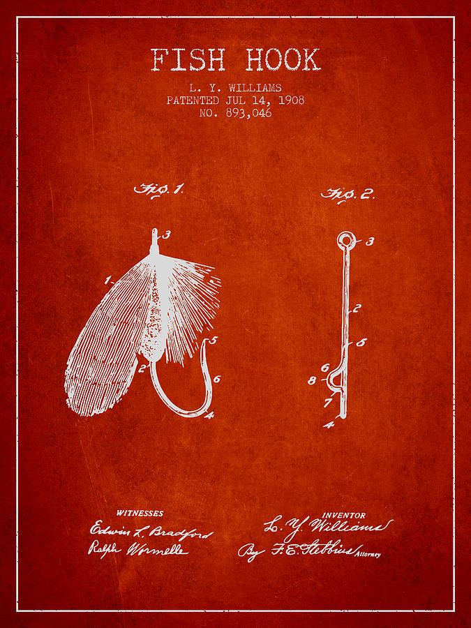 Fish Hook Patent From 1908- Red Digital Art