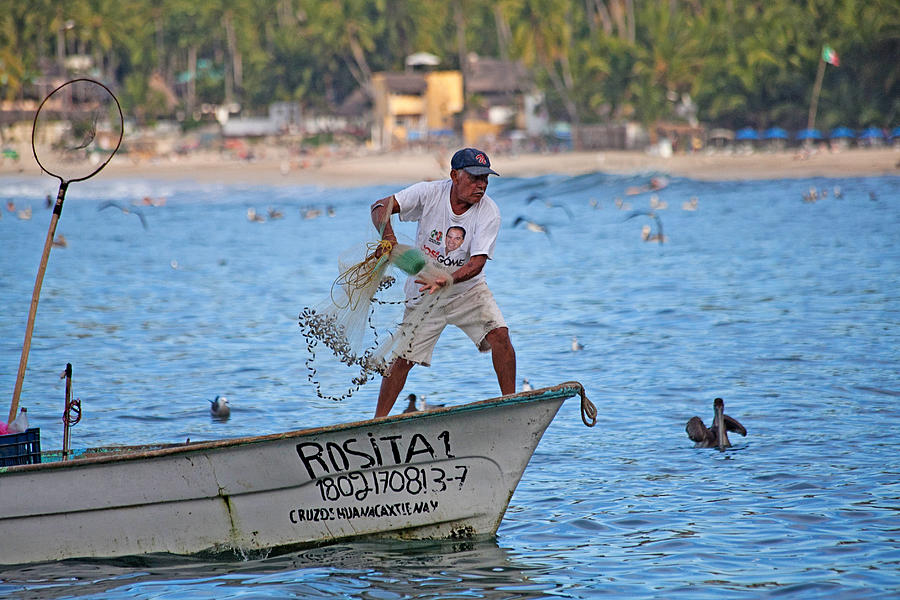 Pelican Photograph - Fisher man throwing Net by Camilla Fuchs