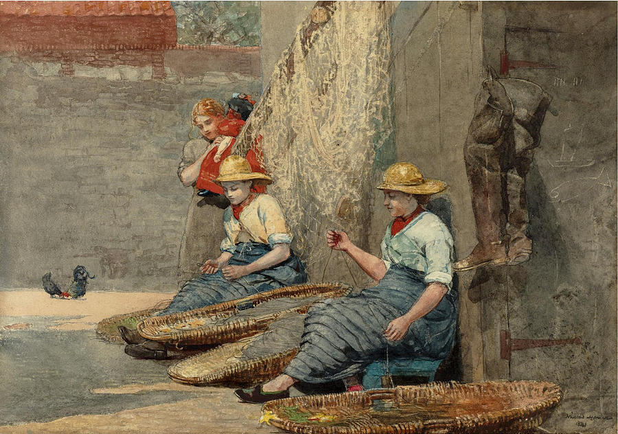 Fishergirls Coiling Tackle Painting by Winslow Homer