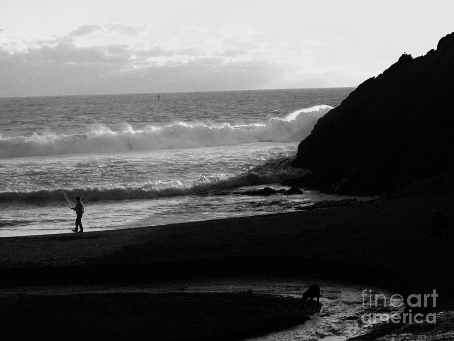 Fisherman and Dog BW Photograph by Timothy Hacker