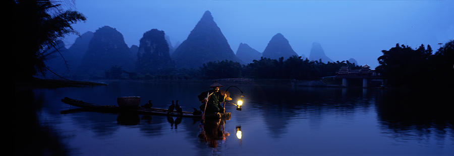 Nature Photograph - Fisherman Fishing At Night, Li River by Panoramic Images
