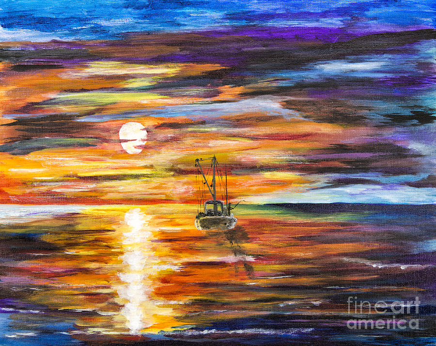 Fisherman In Sunset Painting by Timothy Hacker