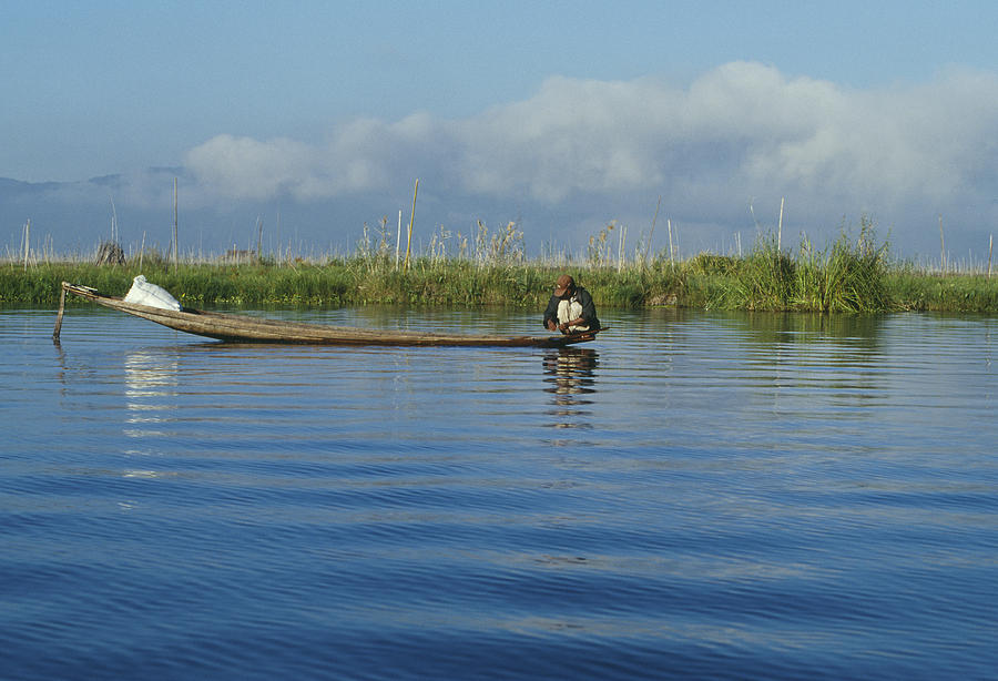Nature Photograph - Fisherman on The Inle Lake by Maria Heyens