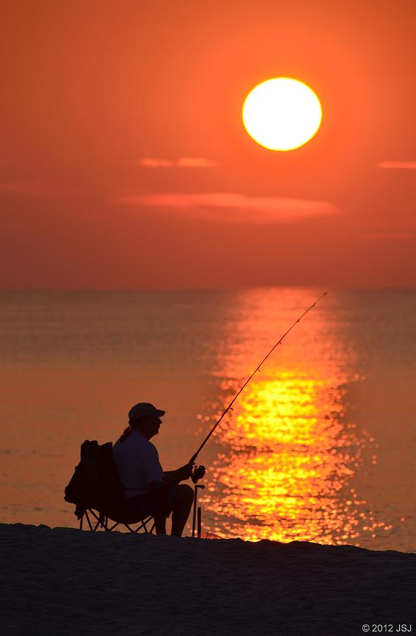 Fisherman Seated Silhouette at Sunrise on Navarre Beach Photograph by Jeff at JSJ Photography