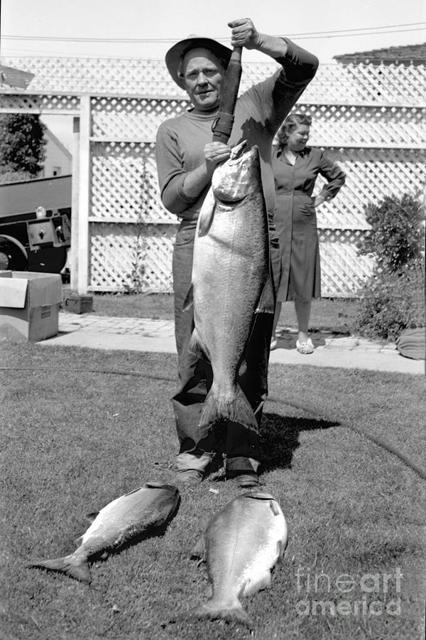 Salmon Photograph - Fisherman with his catch a King Salmon or Chinook circa 1955 by Monterey County Historical Society