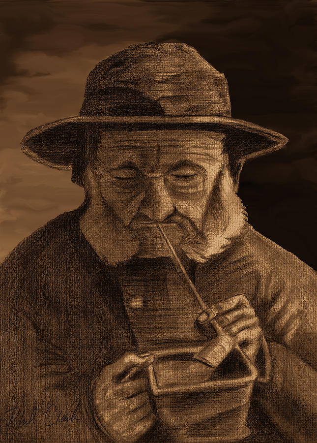 Fisherman with Souwester Pipe and Coal Pan Drawing by Phil Clark