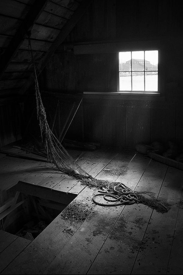Black And White Photograph - Fishermans Shack - 19th Century Maritime Shanty by Gary Heller
