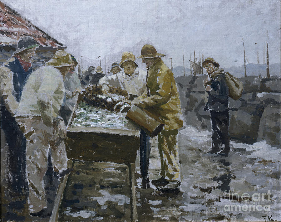 Fishermen around the herring cart Painting by Fredrik Kolstoe